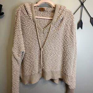 POL Textured Cream Hooded V-Neck Sweater